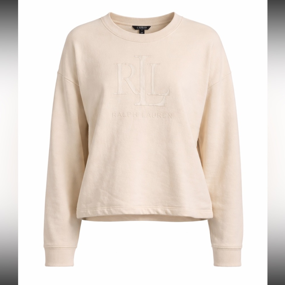 Lauren Ralph Lauren Cream Tonal Embossed Logo Sweatshirt Size Medium